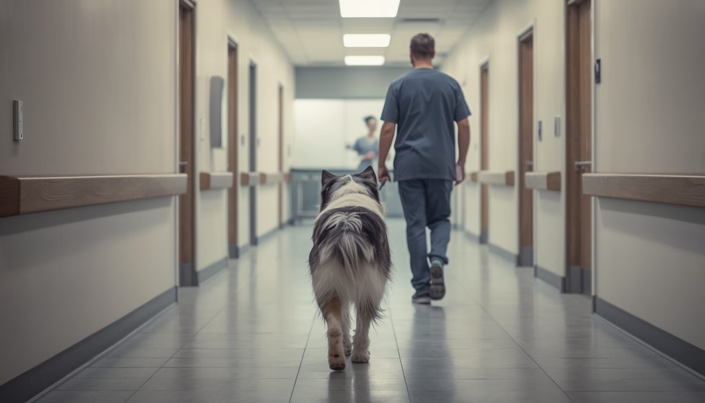 Australian Shepherd arriving at a veterinary hospital with its owner