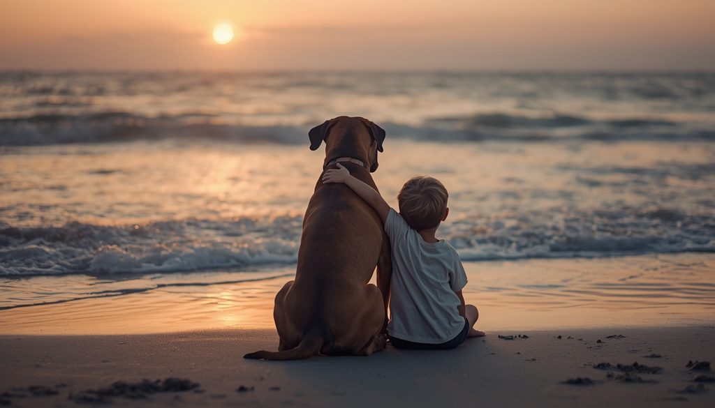 Child sitting with a Boxer on the beach at sunset