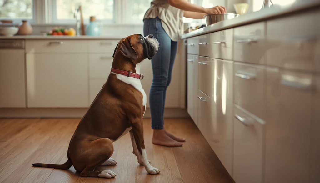 Female Boxer watching her owner prepare food as part of a balanced dog nutrition routine