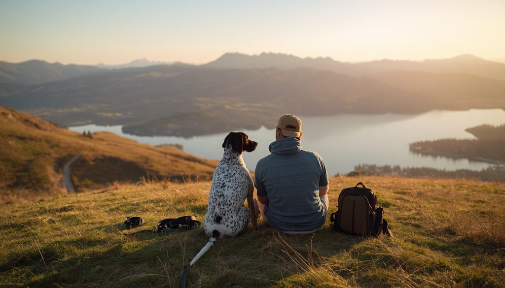 Dog and owner relaxing together after a walk overlooking a lake.