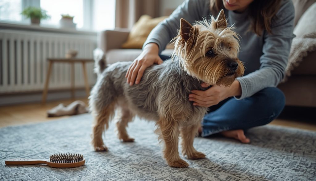 Owner checking the skin beneath a scruffy Cairn Terrier's coat.