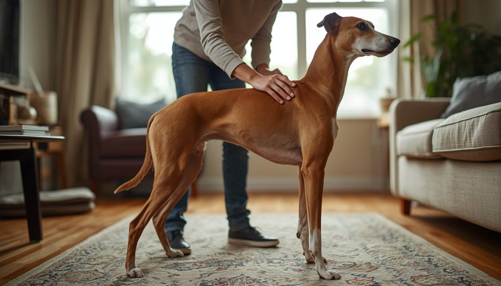 Owner checking the body condition of a healthy Whippet by feeling its ribs.