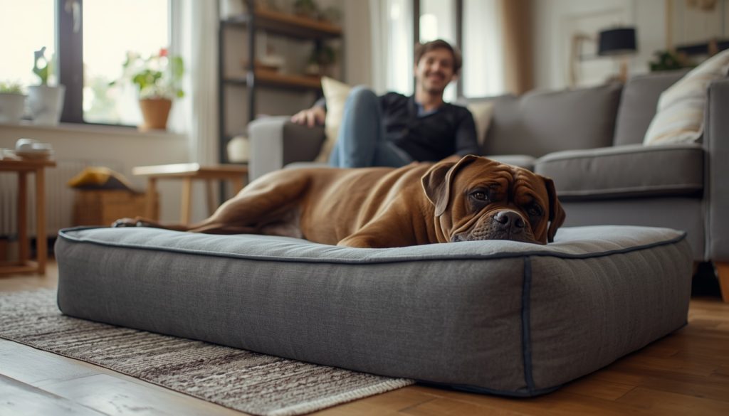 Bullmastiff relaxing on a correctly sized dog bed at home.