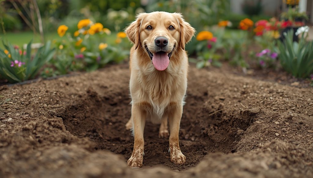 Muddy Golden Retriever standing beside a freshly dug hole in a garden