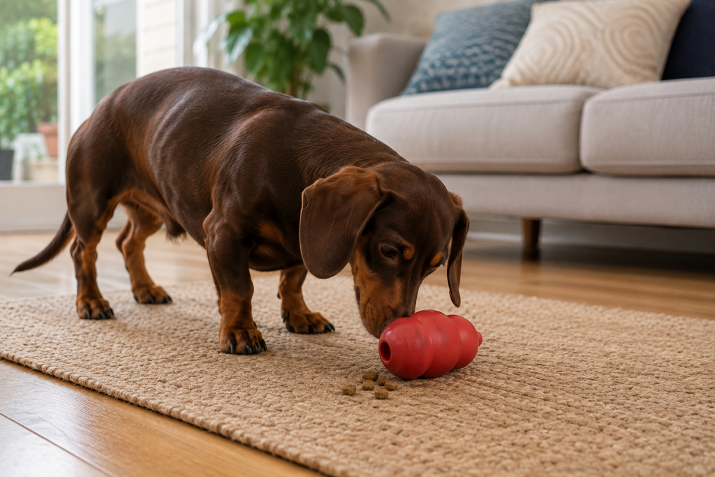 Dachshund using a treat-dispensing enrichment toy at home.