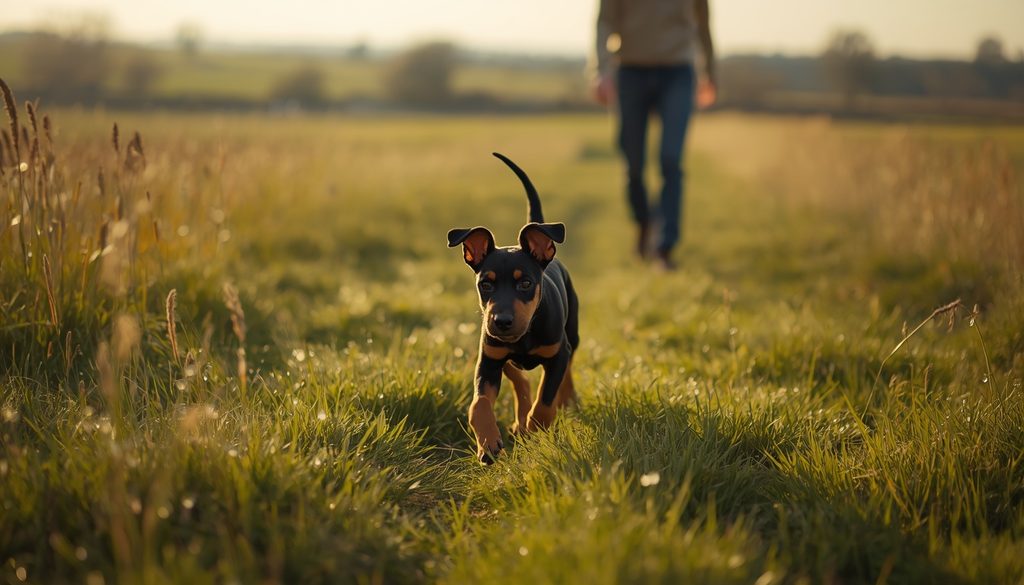 Doberman puppy exploring a grassy meadow with its owner