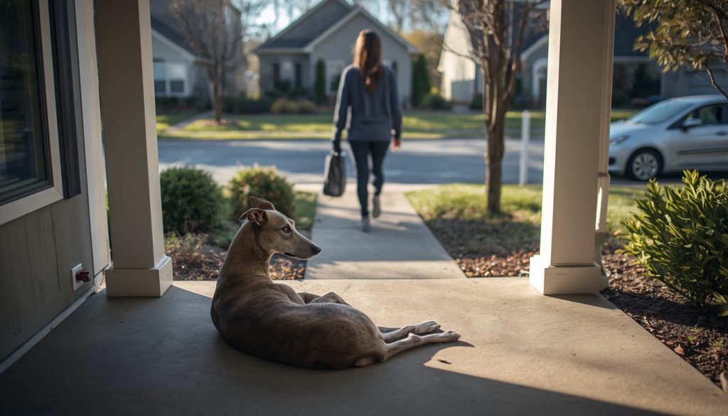 Relaxed Greyhound resting at home while its owner leaves for the day.