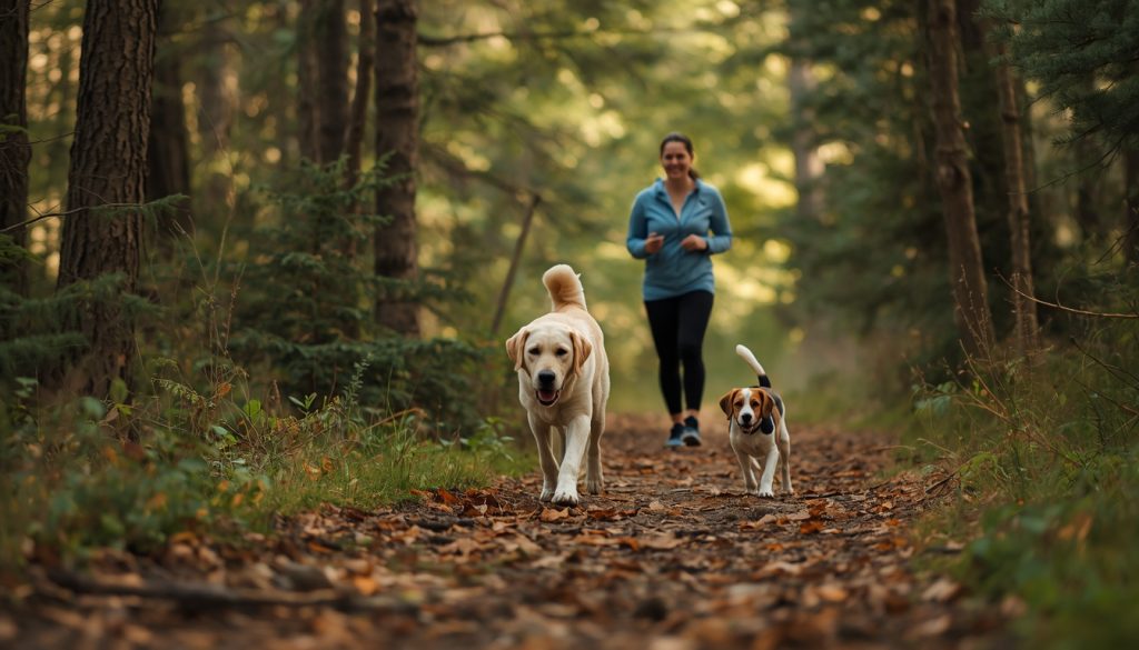 Labrador Retriever and Beagle hiking with their owner on a woodland trail