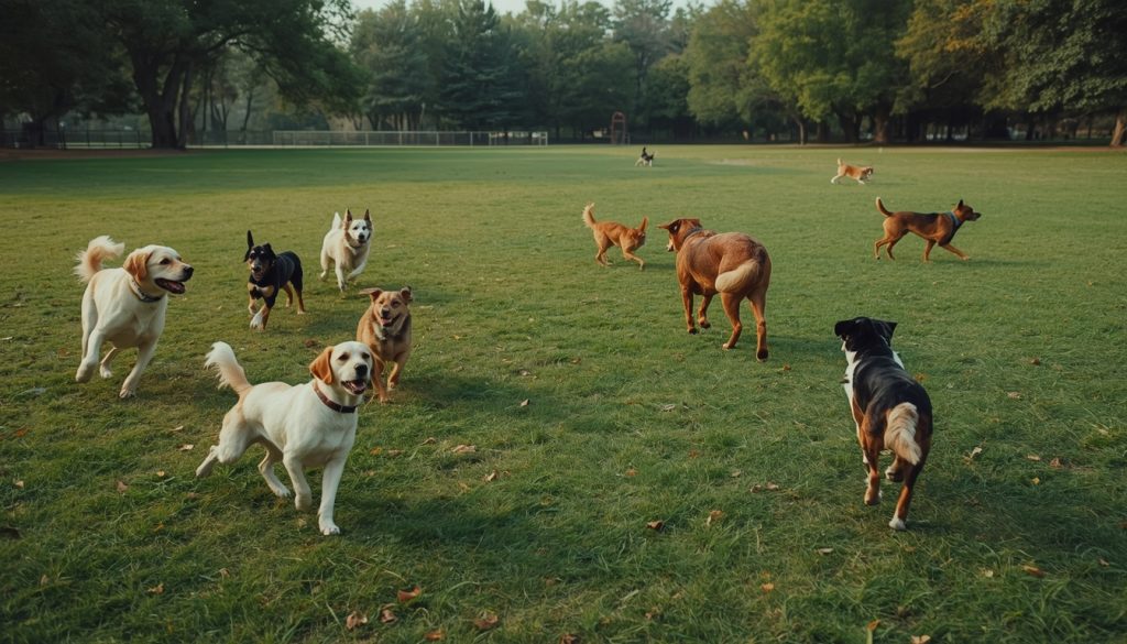 Different dog breeds playing together in a dog park