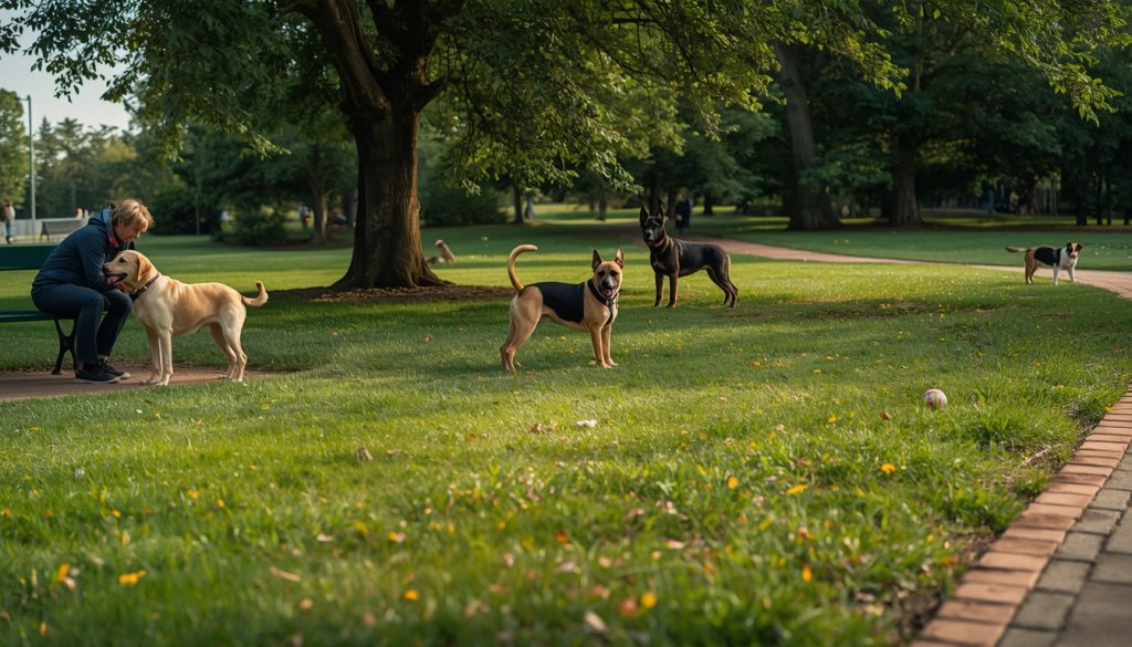 Different dog breeds displaying varied temperaments and personalities in a dog park