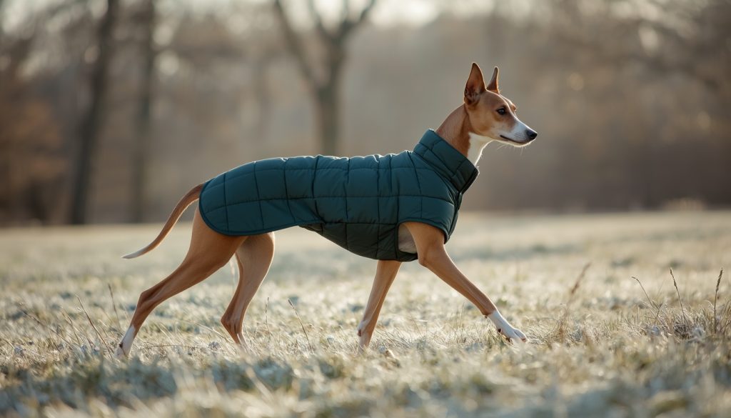 Whippet wearing a fitted winter coat on a cold morning walk.