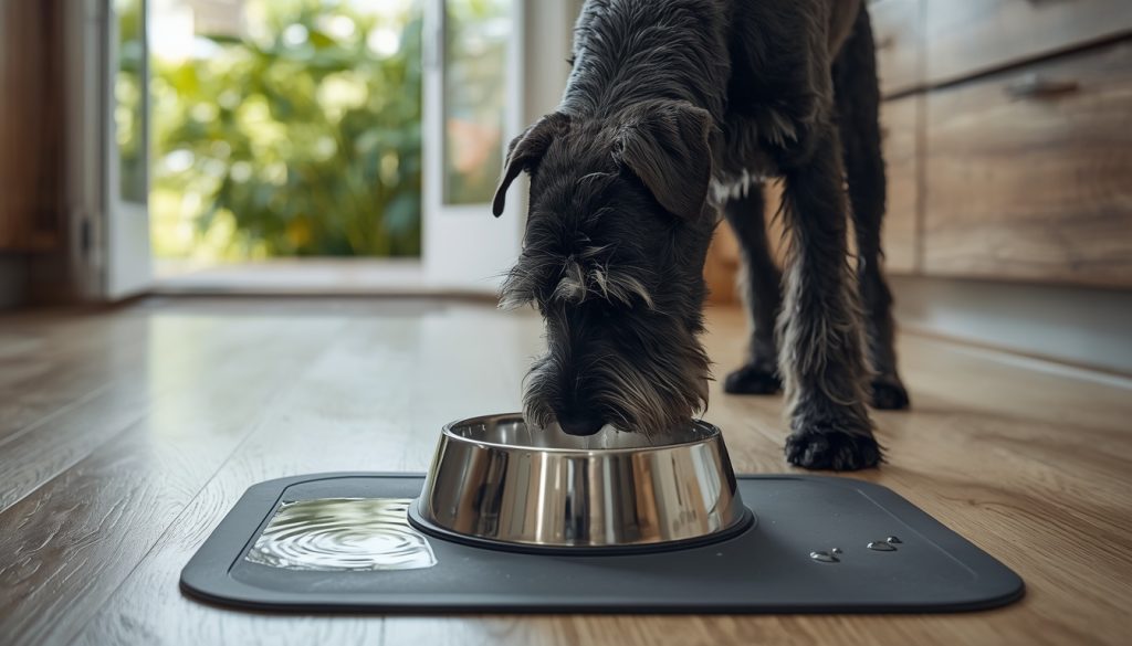 Standard Schnauzer drinking fresh water from a stainless steel bowl at home.