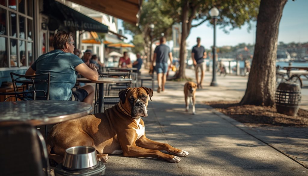 Boxer relaxing with its owner at a dog-friendly outdoor café