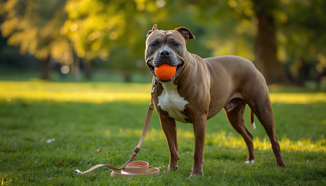 Bull Arab playing with a rubber ball in a grassy park