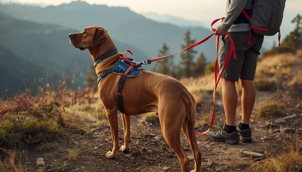 Rhodesian Ridgeback wearing practical dog gear while hiking with its owner