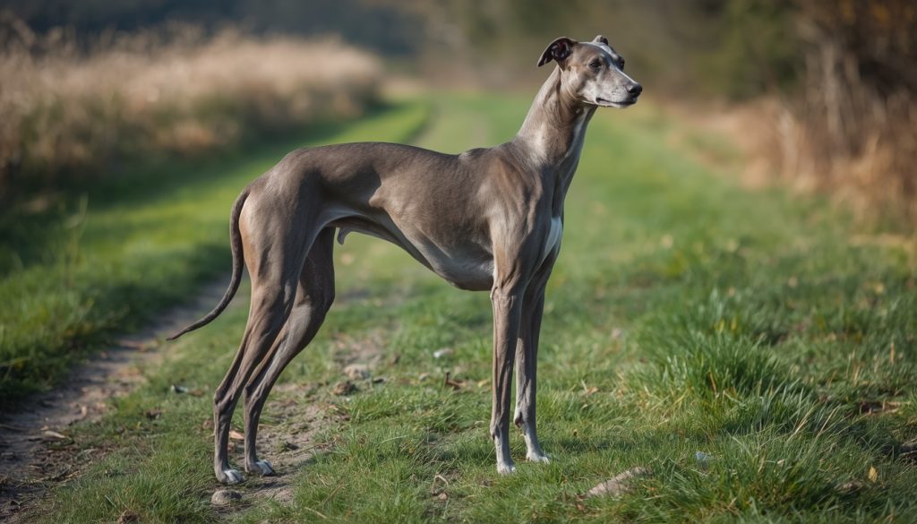 Greyhound showing the distinctive body shape that should be considered when fitting a harness.
