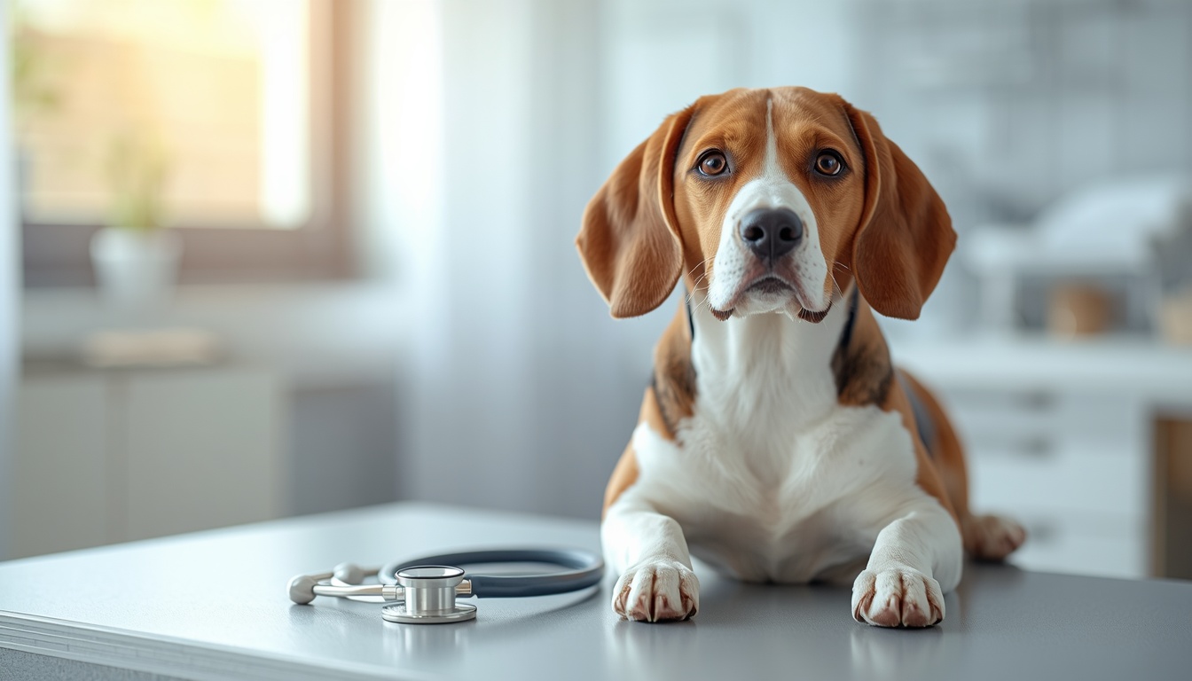 Healthy adult Beagle in a veterinary examination room