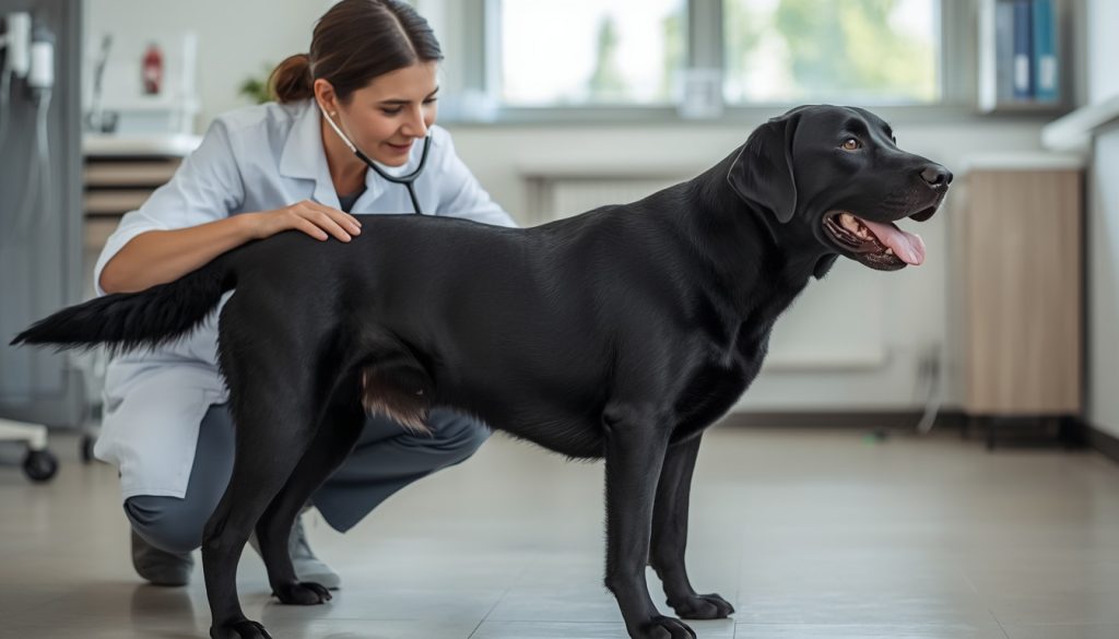 Veterinarian listening to a Labrador's heart during a routine health examination.