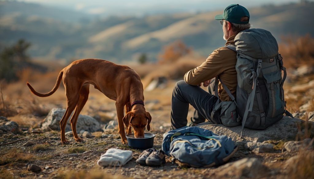 Vizsla drinking from a portable water bowl during a hiking break.