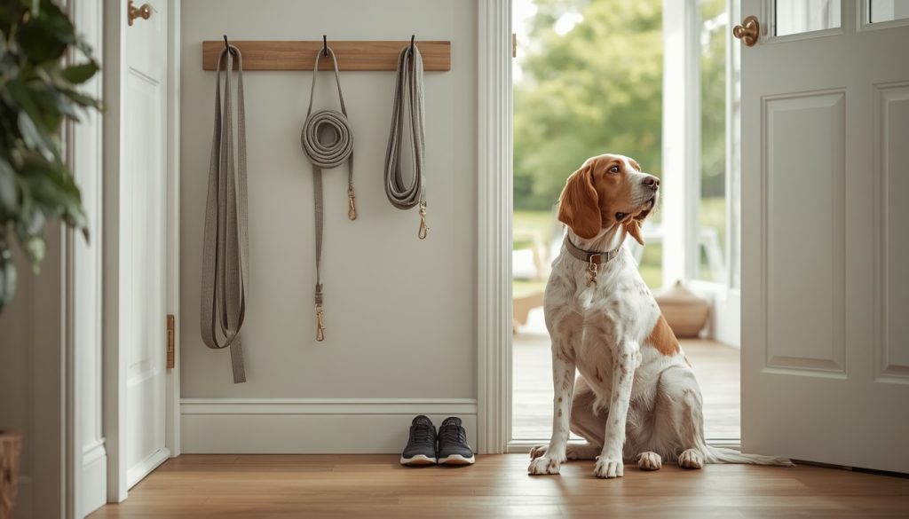 English Setter waiting beside leashes and walking equipment before a walk.