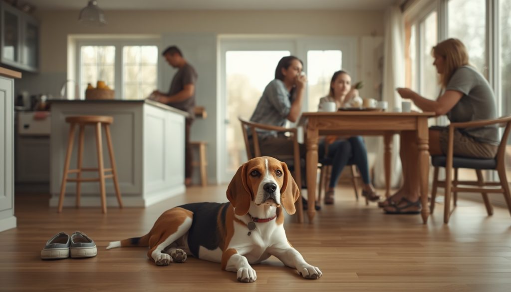 Beagle relaxing with its family as part of everyday dog ownership