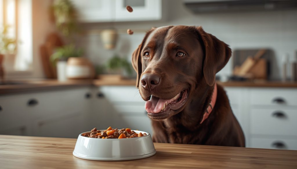 Chocolate Labrador beside a bowl of healthy dog food