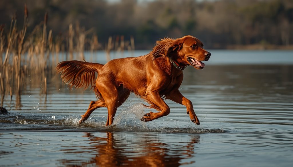 Healthy Irish Setter running through shallow water with an athletic body condition.