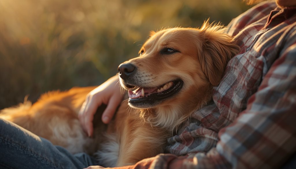 Happy dog relaxing outdoors beside its owner in warm afternoon light