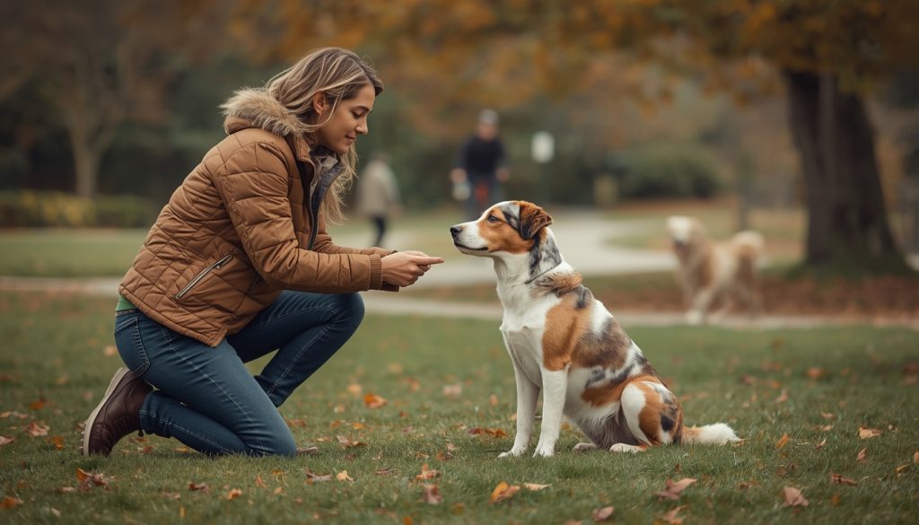 Dog owner using positive reinforcement while training and socializing a dog in a park