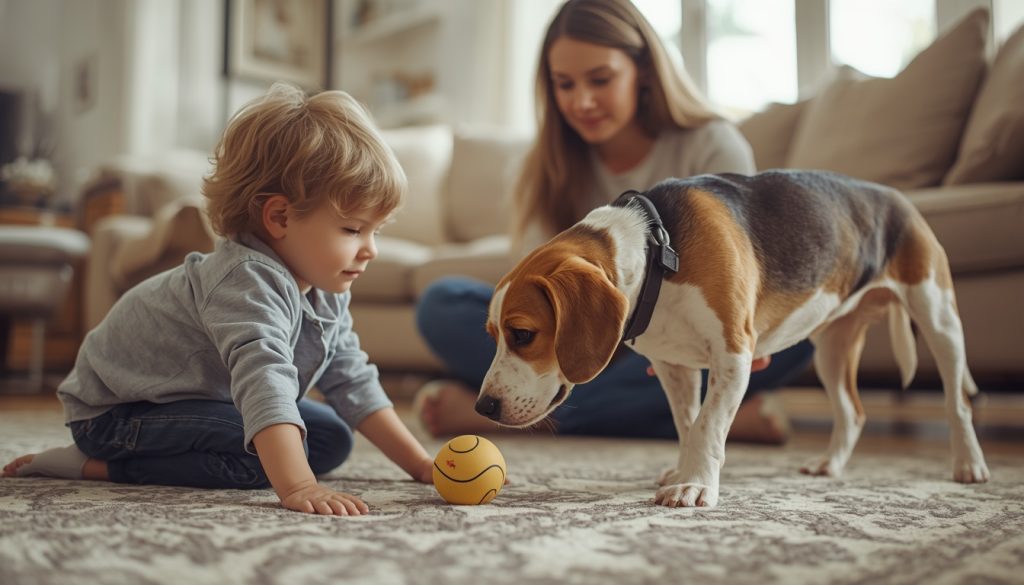Child playing calmly with a Beagle while an adult supervises