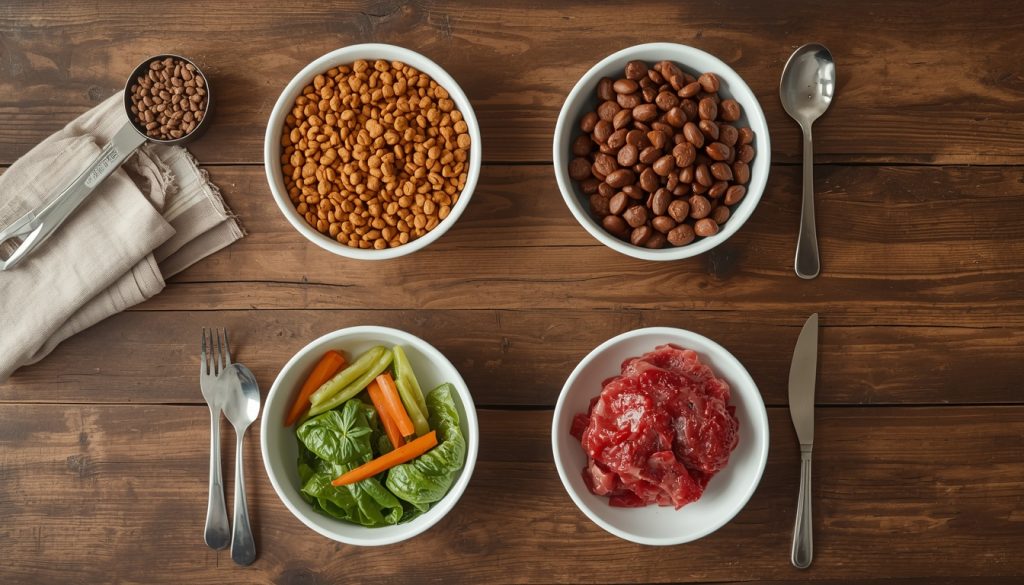 Four bowls showing dry, wet, fresh and raw styles of dog food.