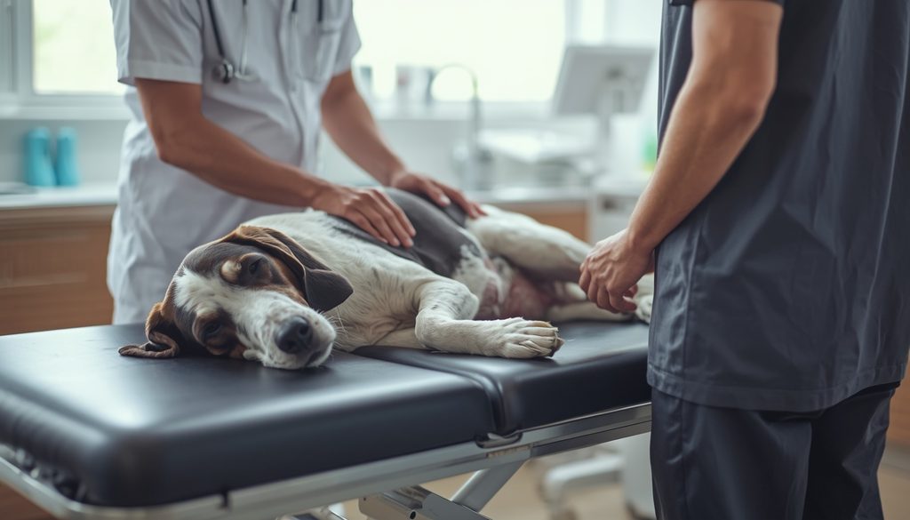 English Setter having its front leg examined by a veterinarian