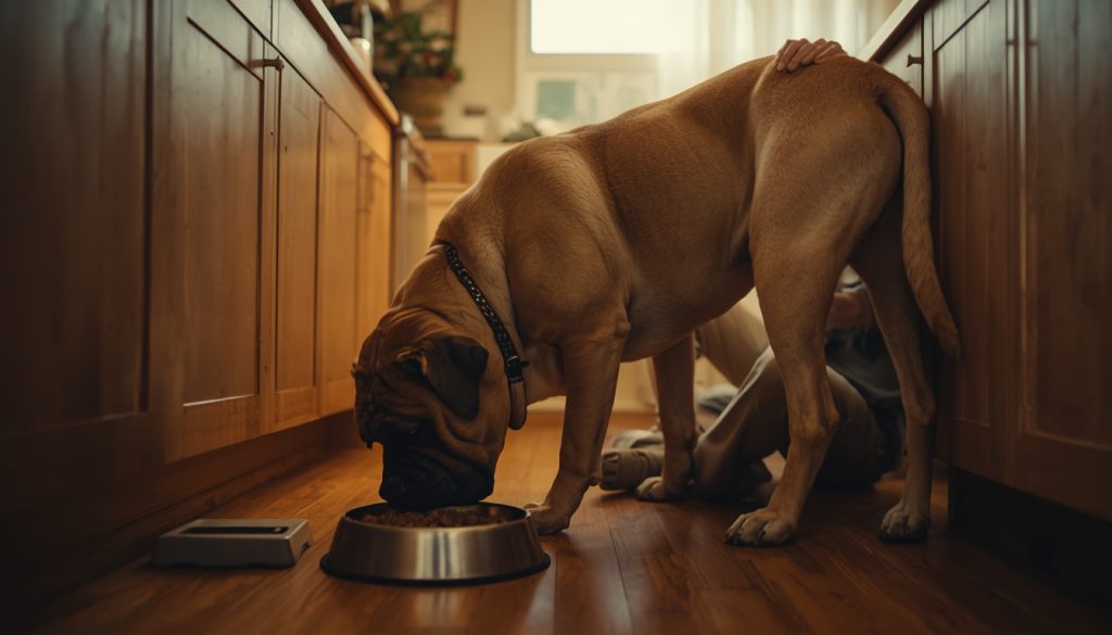 Mastiff with its owner after finishing an evening meal at home.