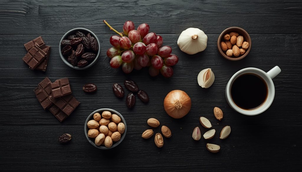 Common foods that can be dangerous to dogs including chocolate, grapes, raisins, onions and macadamia nuts.