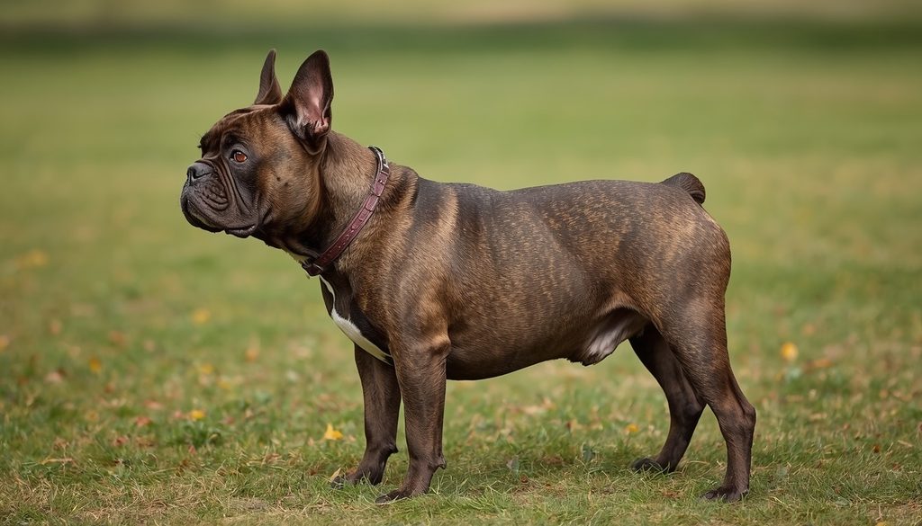 Brindle French Bulldog standing in side profile showing its compact build