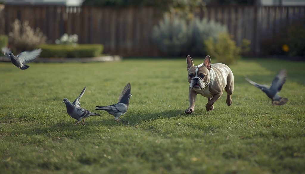 French Bulldog chasing pigeons across a backyard lawn