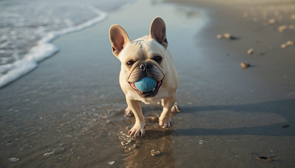 French Bulldog playing with a ball at the beach