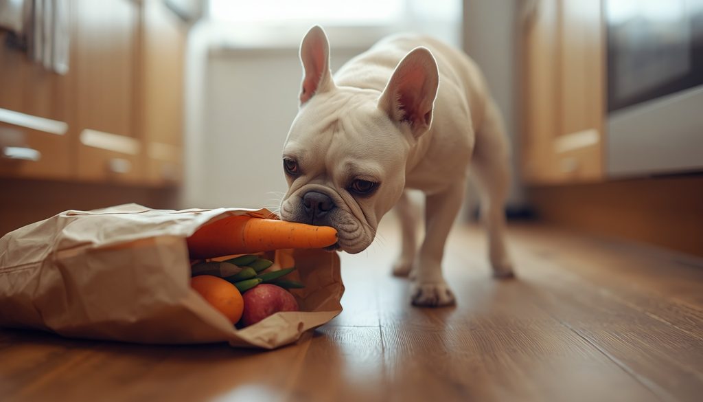 French Bulldog investigating fresh food in a family kitchen