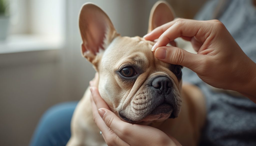 Owner gently checking a French Bulldog's eye at home