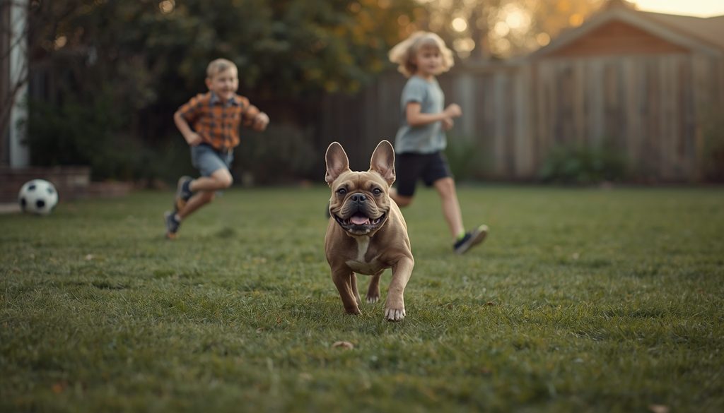French Bulldog playing with children in a family backyard