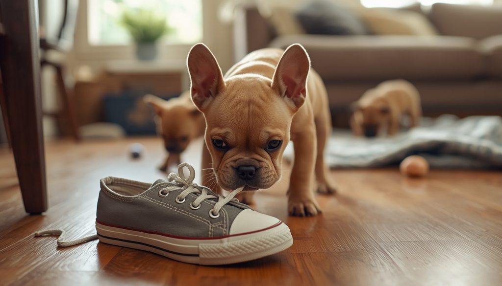 French Bulldog puppy chewing the loose lace of a sneaker