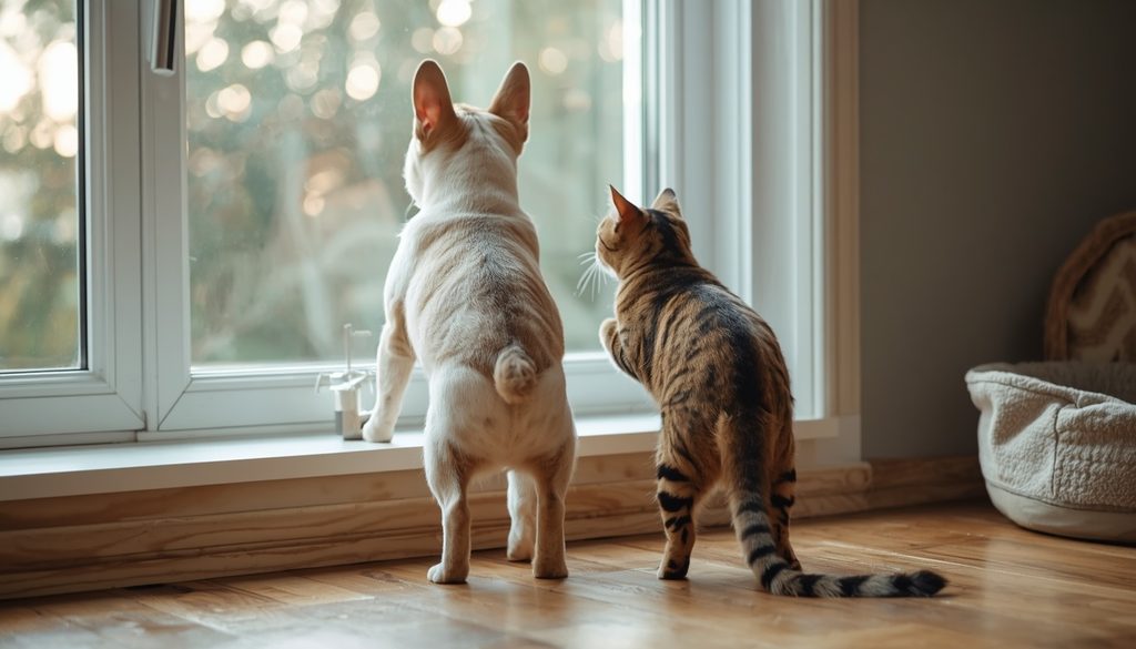 French Bulldog and tabby cat looking out a window together