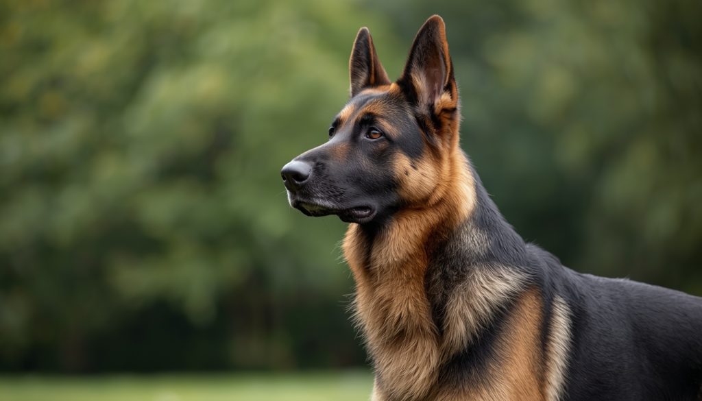 German Shepherd standing alert outdoors looking into the distance