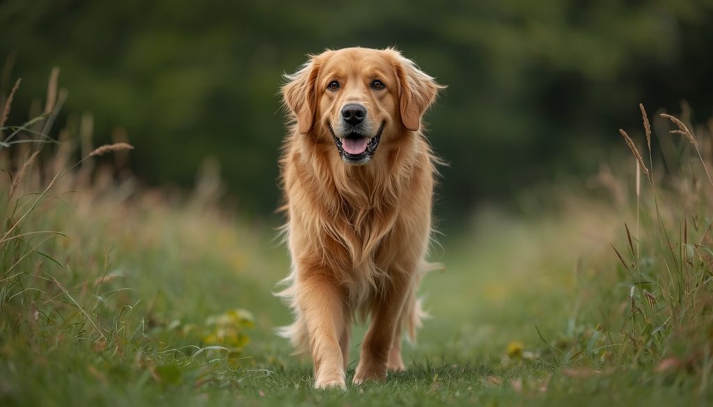 Golden Retriever walking through grass outdoors toward the camera