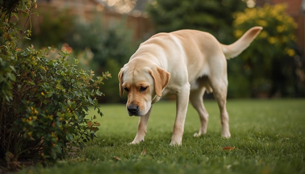 Yellow Labrador investigating a scent in a garden