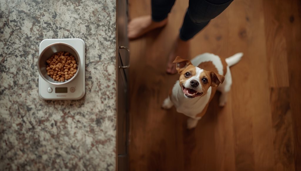 Jack Russell watching a measured portion of dog food on kitchen scales.