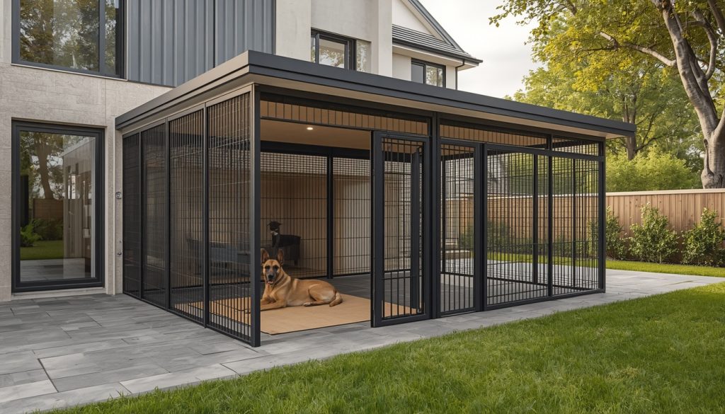Spacious outdoor dog kennel and secure run with sheltered resting area.