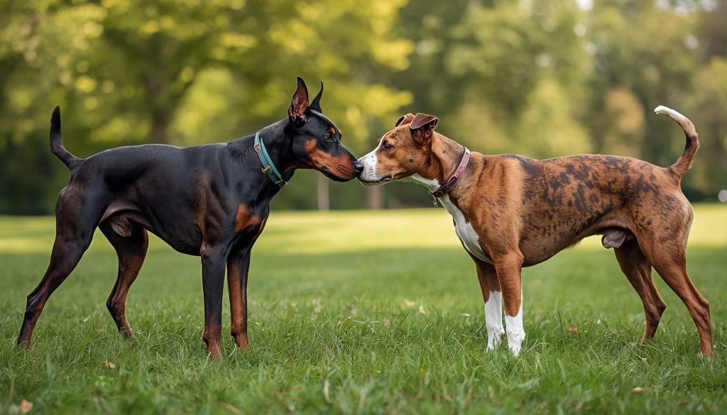 Purebred Doberman and mixed-breed dog greeting naturally in a park