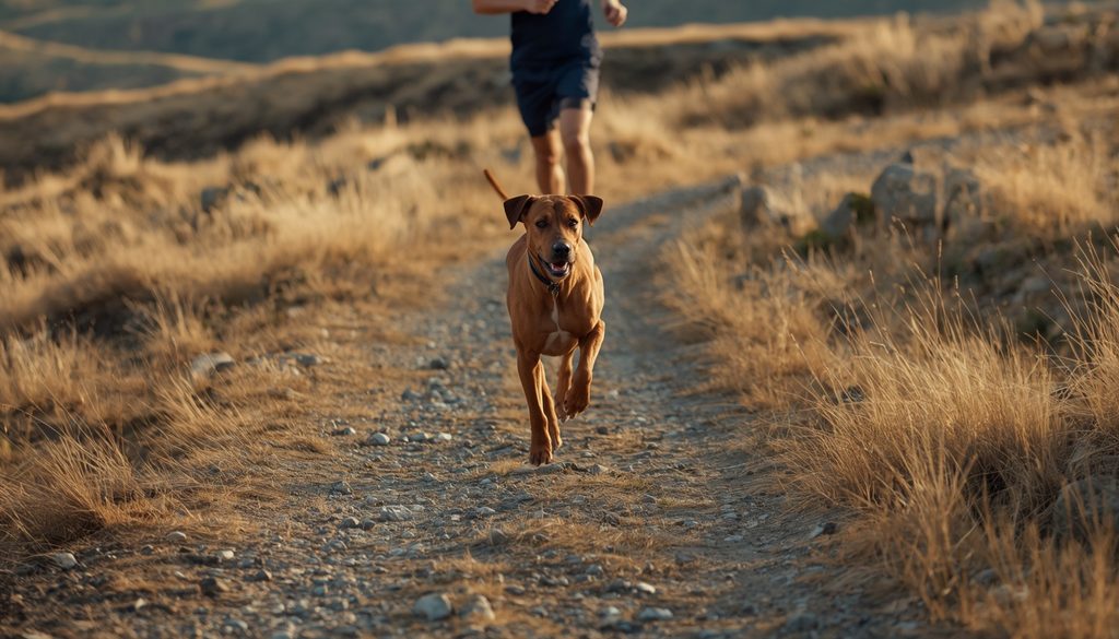 Rhodesian Ridgeback running with its owner along a countryside trail