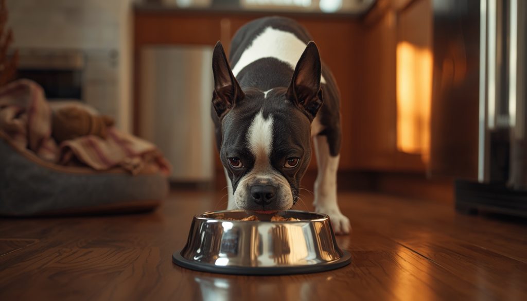 Senior Boston Terrier eating comfortably from a raised food bowl.